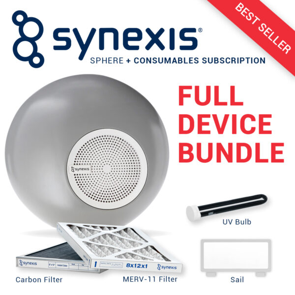 Bundle: Synexis Sphere Device + Required Consumables - Sail, MERV-11 Filter, Carbon Filter, and UV Bulb