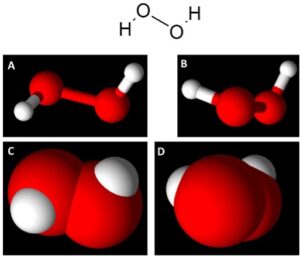 Representation of H2O2.  Upper Image:  chemical structure of H2O2 showing the bonding interactions between hydrogen and oxygen.  (A&B):  ball & stick figures of H2O2 from different angles showing the bonding of hydrogen (white atoms) to oxygen (red atoms).  (C&D):  space filled models of H2O2 from different angles.