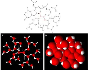 Images representing an extended hydrogen bonded stabilized H2O2 molecule.  Upper Image:  chemical structure of H2O2 (in red) with an extended hydrogen bonded water network (in black).  (A):  ball and stick representation of the same chemical structure with white arrows showing the location of the H2O2 atoms.  (B):  space filled model representation with the red spheres representing oxygen and the white spheres representing hydrogen.