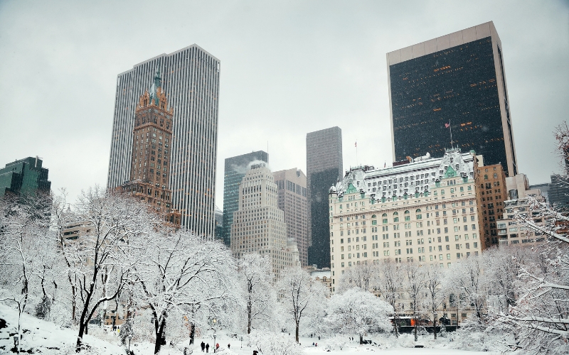 Winter indoor air quality can differ drastically from other seasons. This image shows office buildings from the outside in the winter.